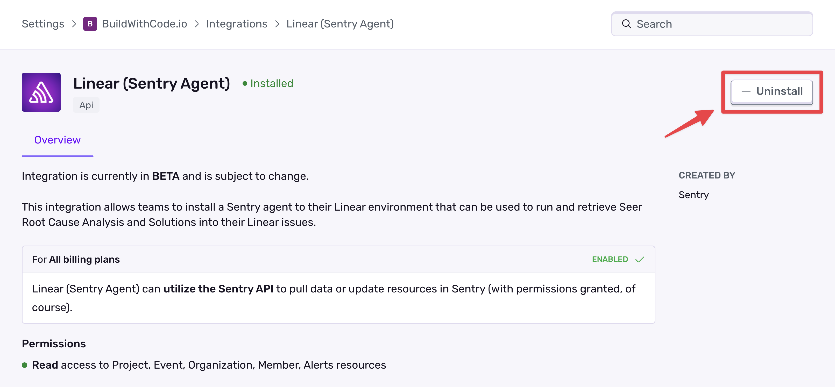 Uninstall Sentry from integrations