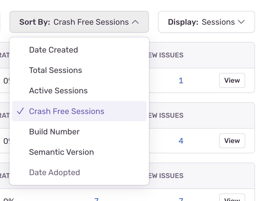 Sort By: Crash Free Sessions dropdown