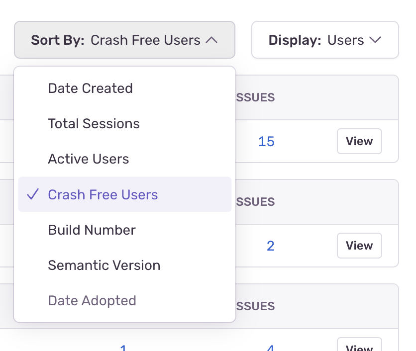 Sort By: Crash Free Users dropdown