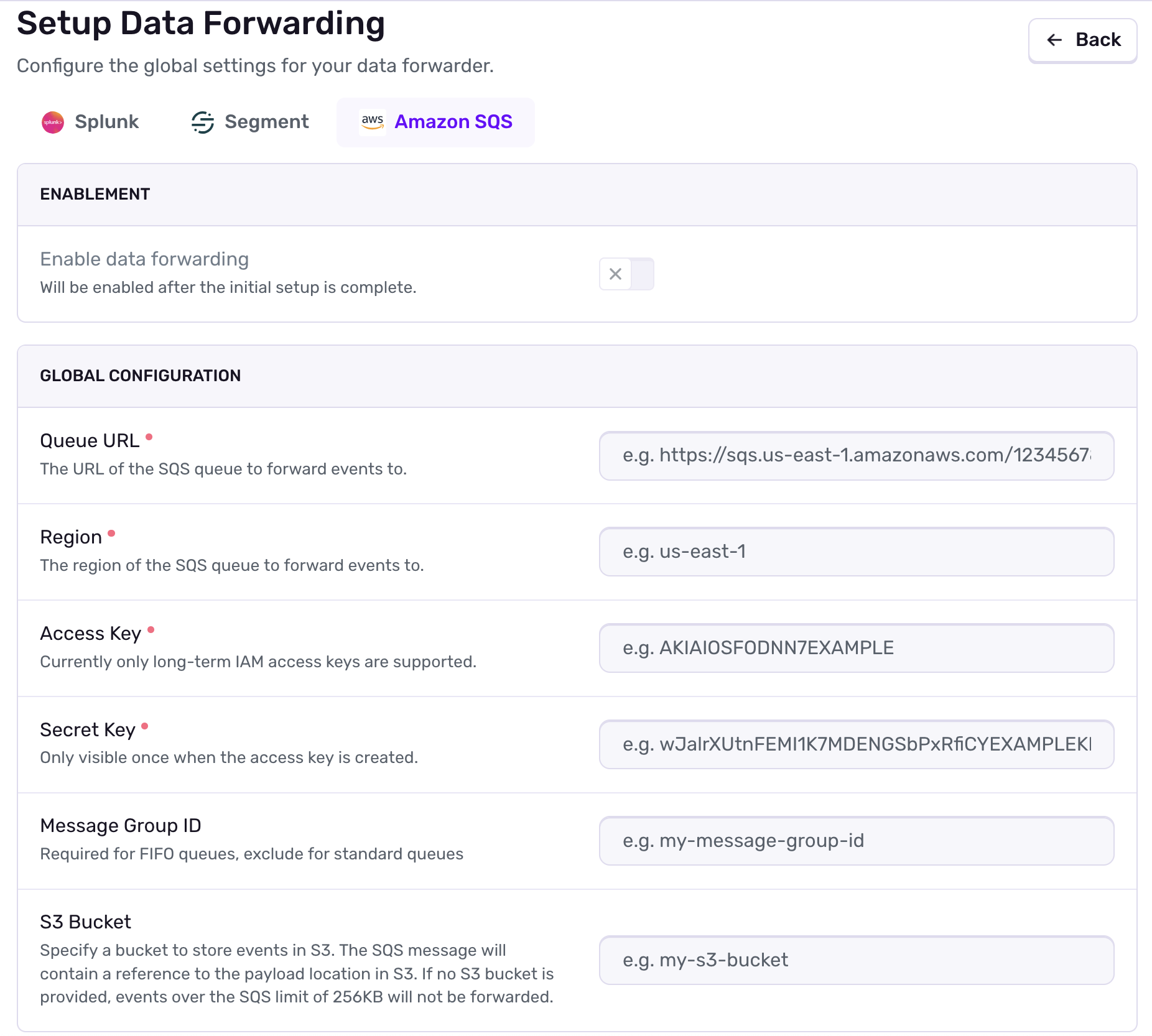 Amazon SQS data forwarder configuration form