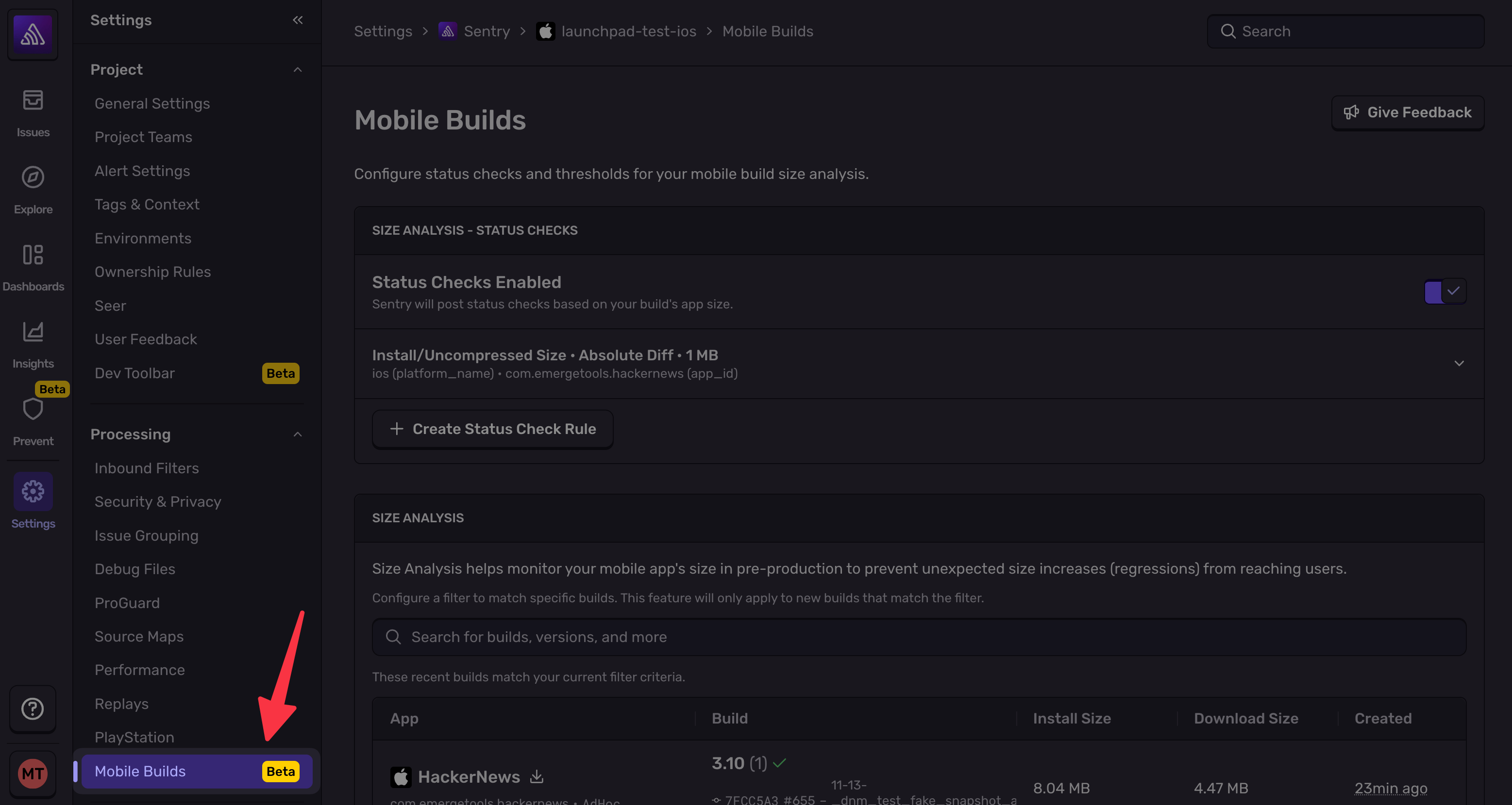 Mobile Builds Settings Page